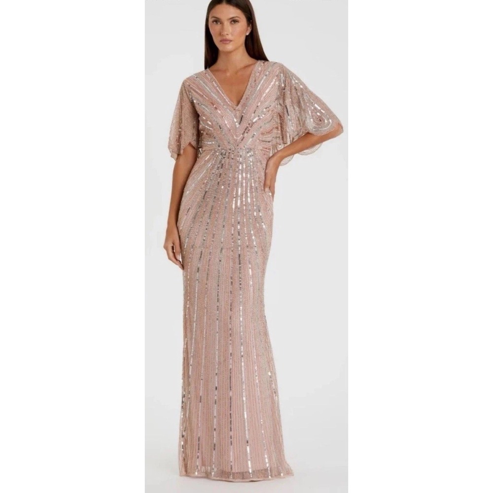 Mac Duggal Pink Sequin Mesh V-Neck Cape Sleeve Zip Maxi Dress Long Formal size 4